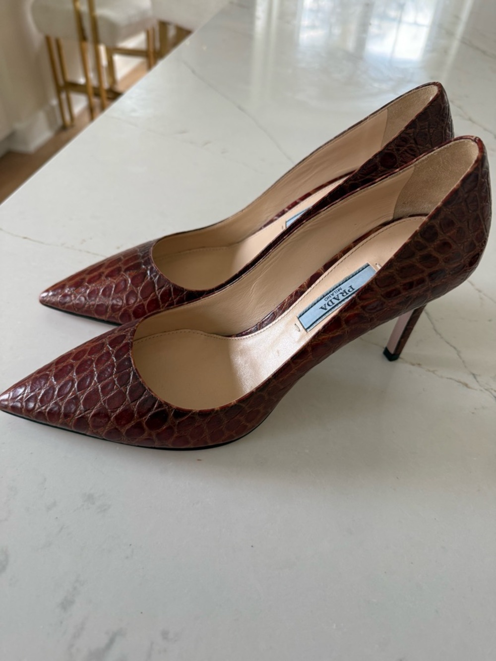 Prada Brown Croc-Embossed Pointed-Toe Pumps - Picture 3 of 8